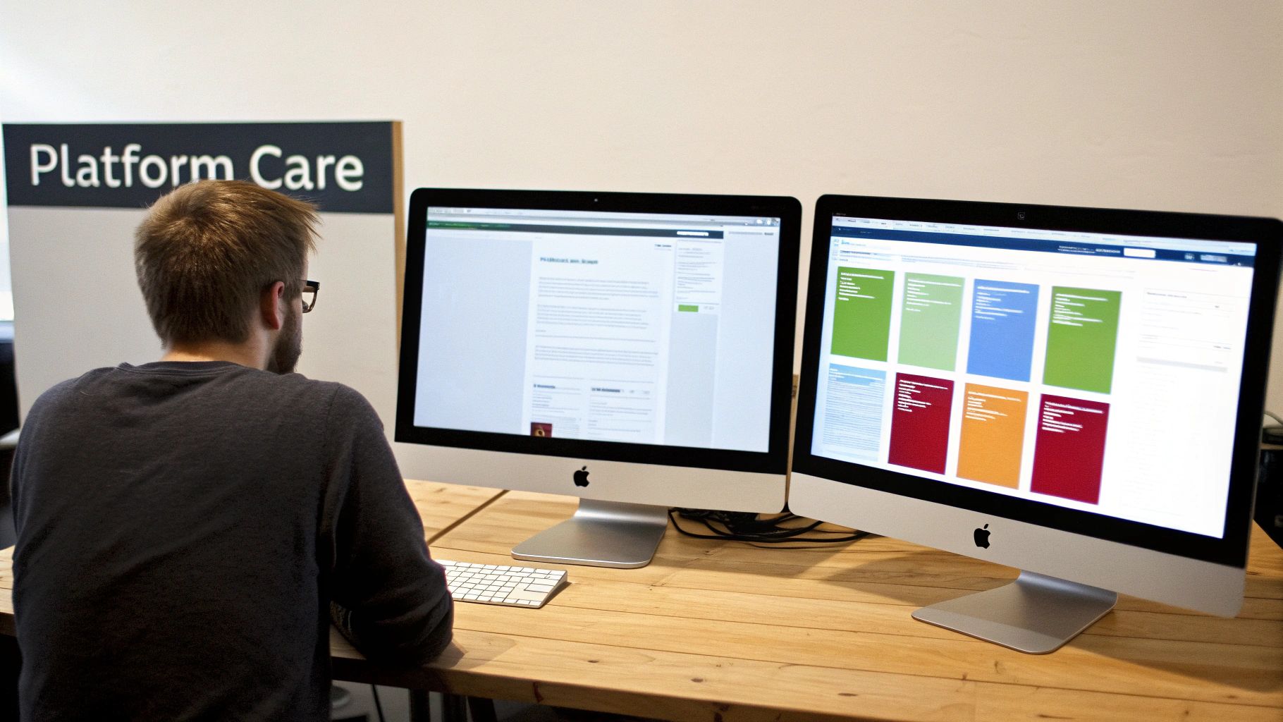 Man working on dual Apple iMac computers at a desk with "Platform Care" sign and keyboard.
