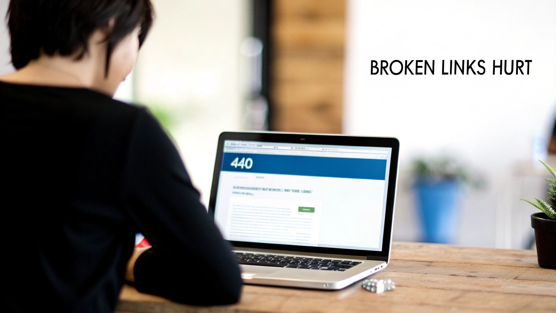 A person looking at a '404 not found' error page on a laptop screen, looking confused and frustrated.
