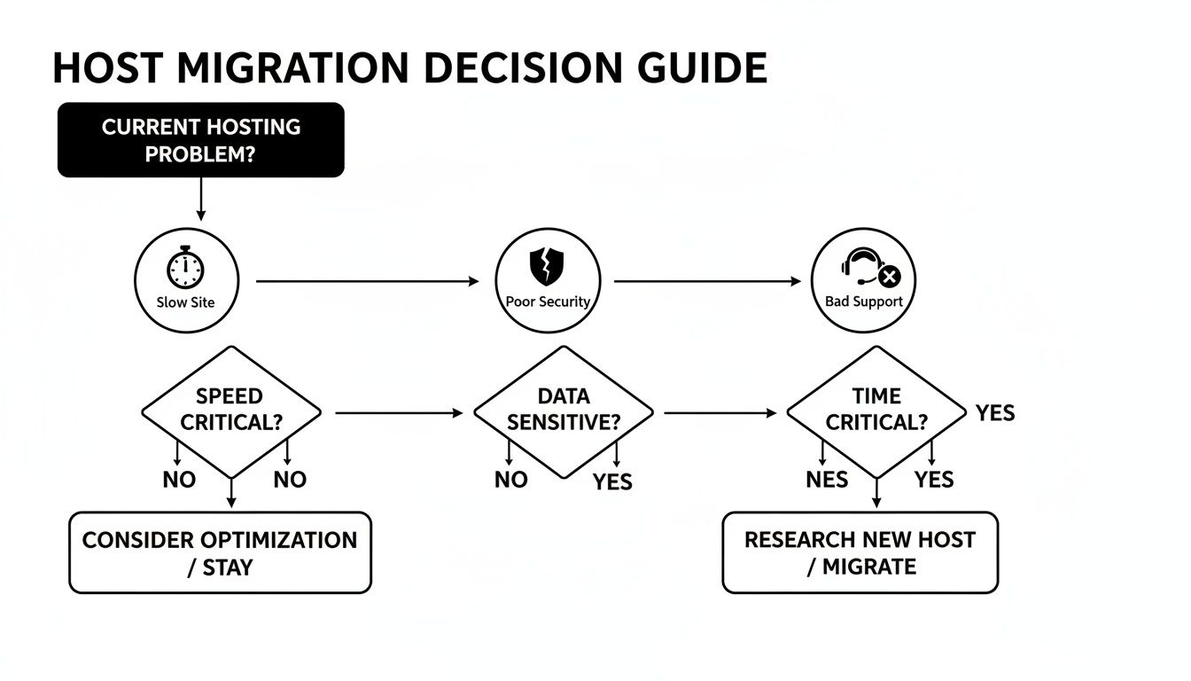 A flowchart guiding host migration decisions based on site performance, security, and support issues.