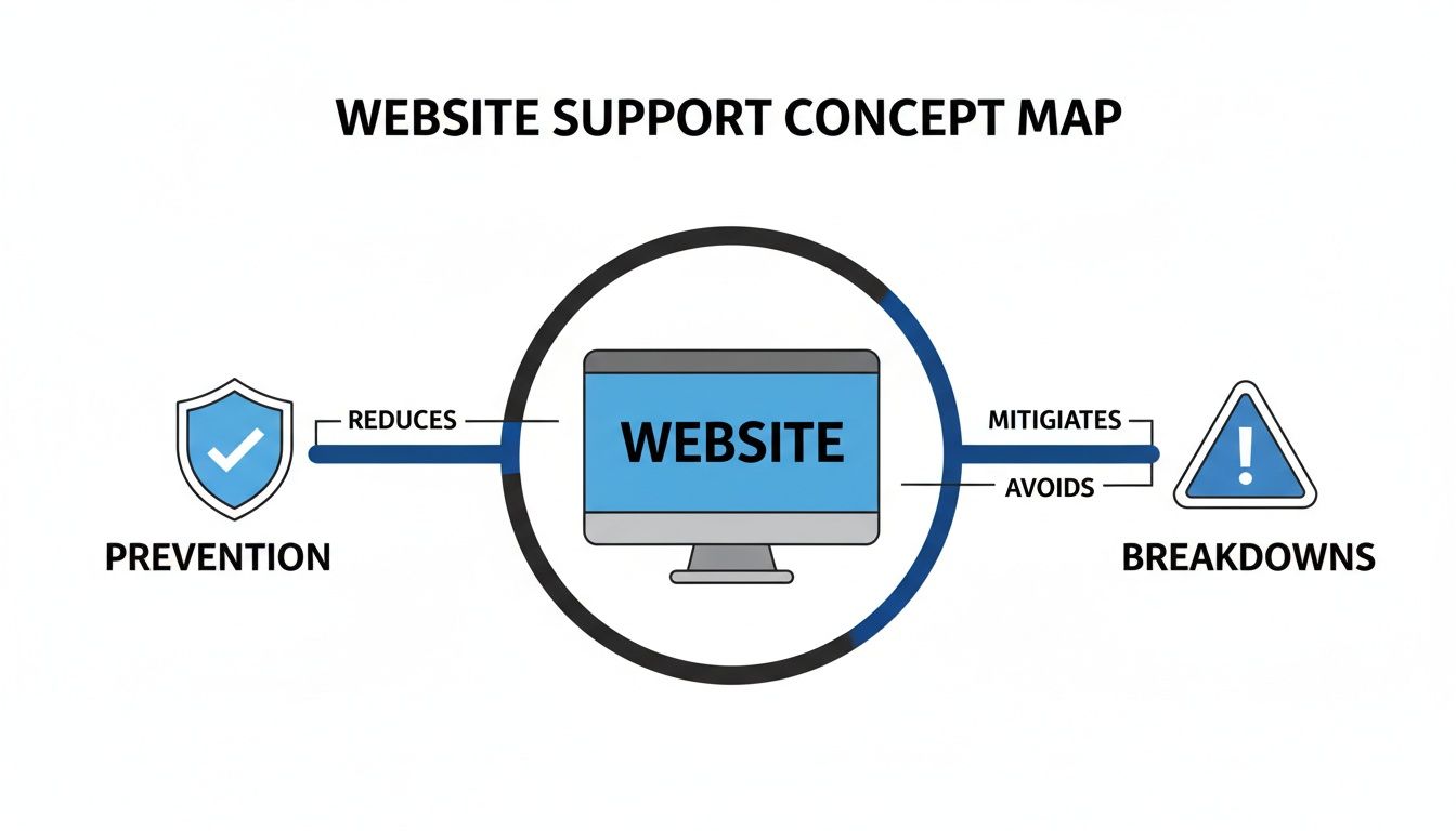 Website support concept map showing how prevention reduces issues and mitigates, avoids breakdowns.
