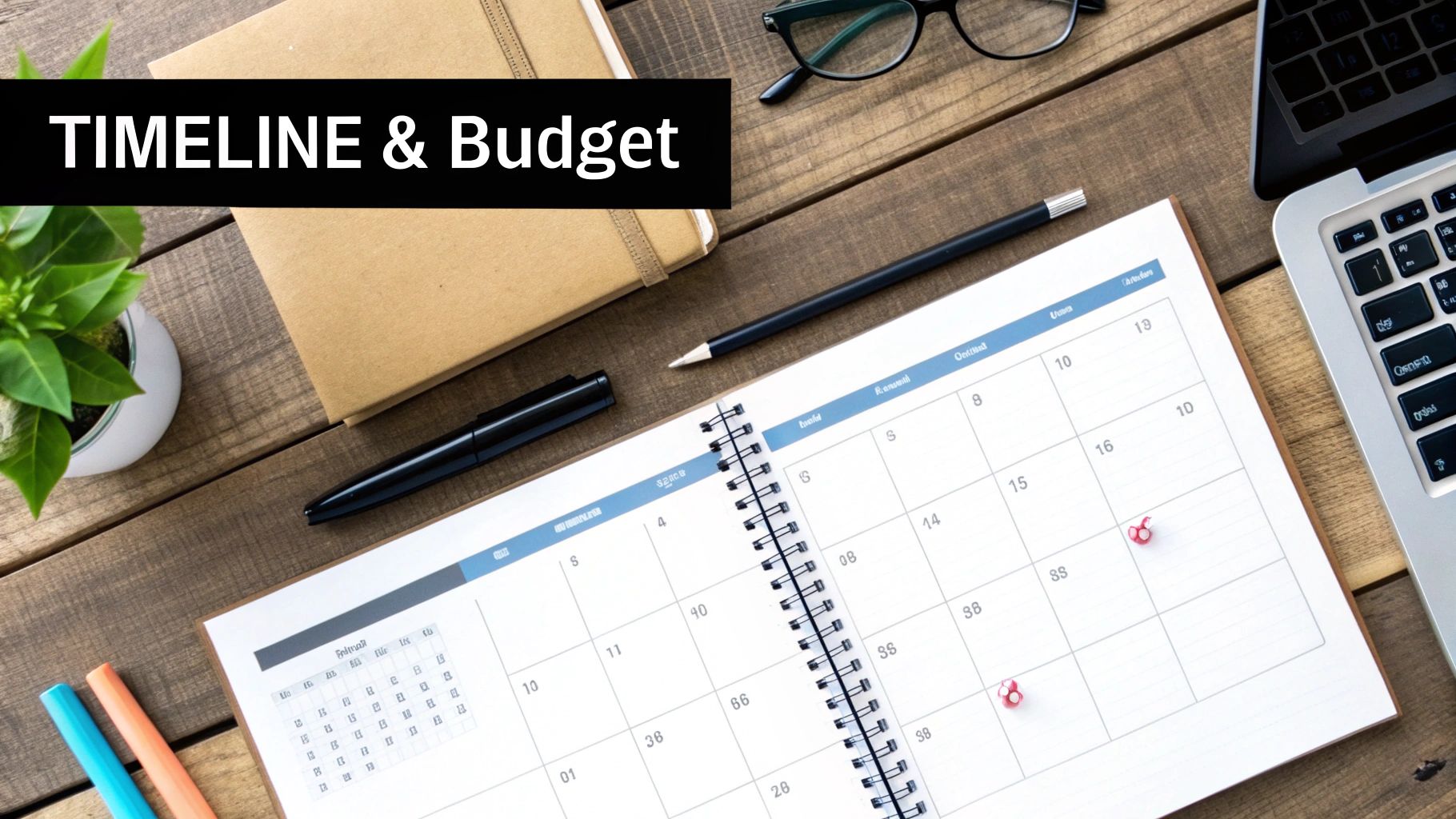 Flat lay of a desk with an open calendar, notebook, glasses, and a laptop, displaying 'TIMELINE & Budget' text.