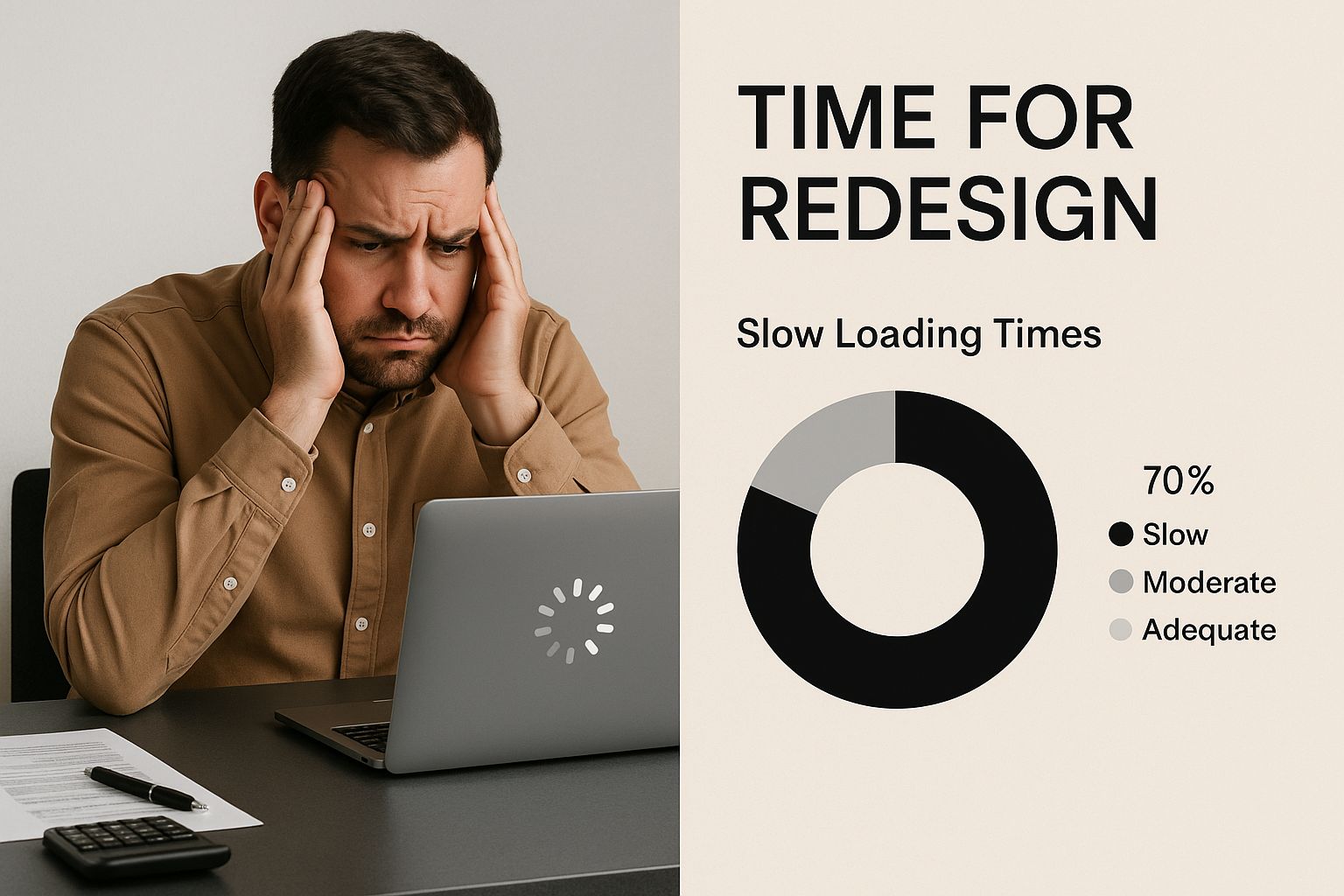 Infographic showing a frustrated business owner at a laptop with a loading spinner, indicating it's time for a website redesign
