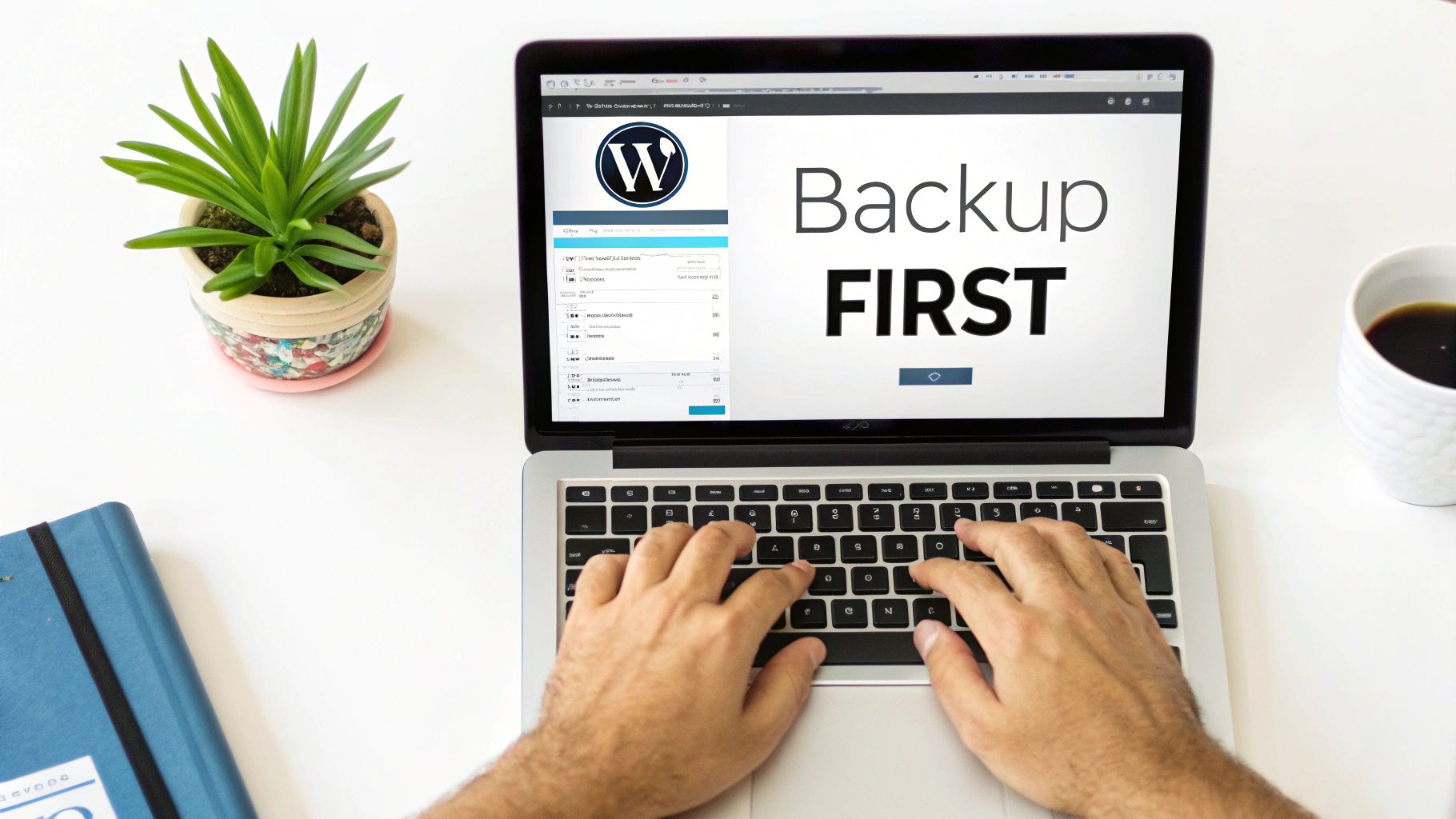 A person types on a silver laptop displaying a WordPress screen with "Backup FIRST" prominently. A plant, coffee, and notebook are on a white desk.
