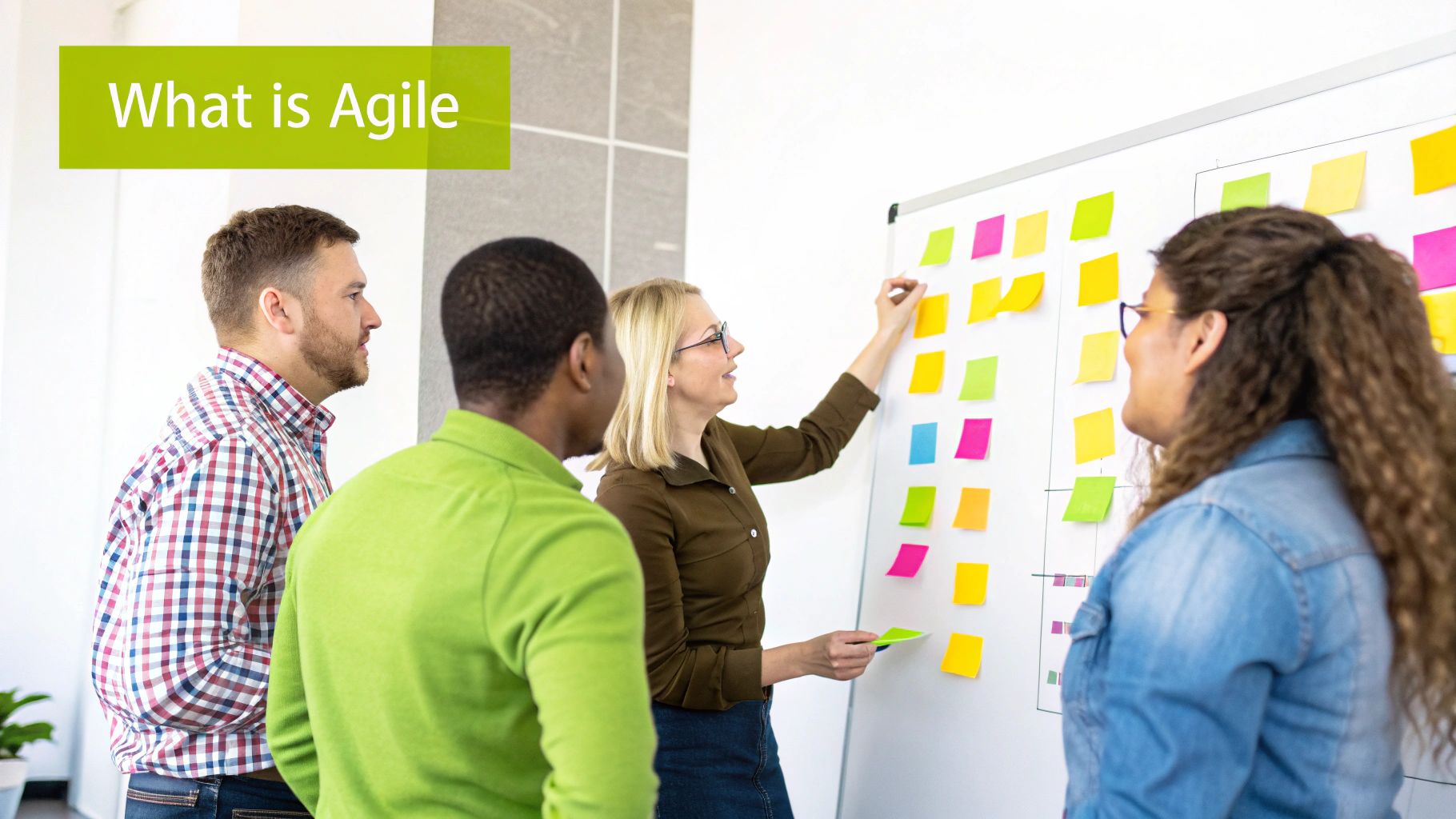 A team collaborating around a whiteboard with sticky notes, illustrating the Agile process.