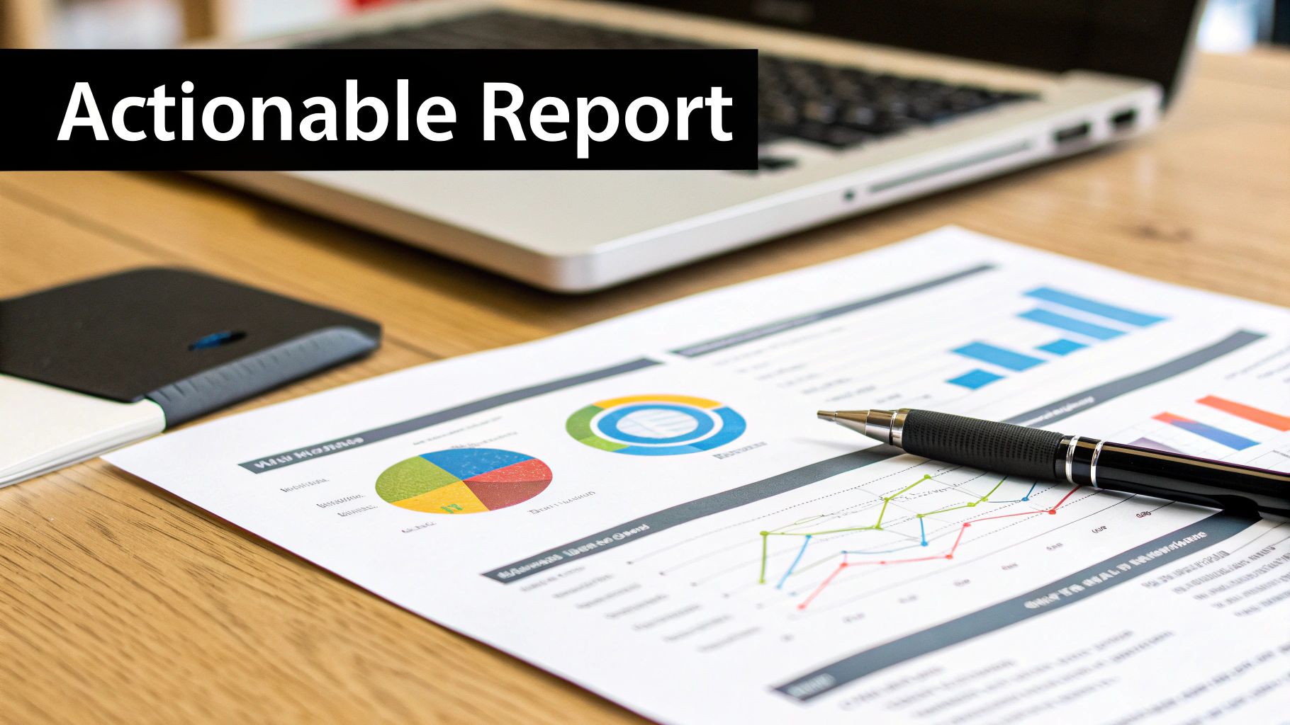 A close-up of a desk with a laptop, pen, and an 'Actionable Report' with business charts.