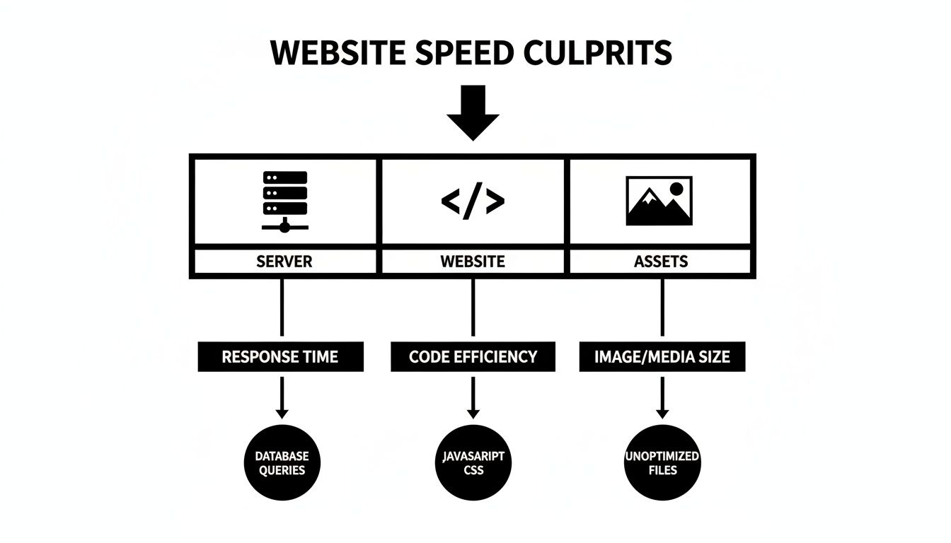 Diagrama de flujo que detalla los culpables más comunes de la velocidad del sitio web: tiempo de respuesta del servidor, eficiencia del código y activos no optimizados.