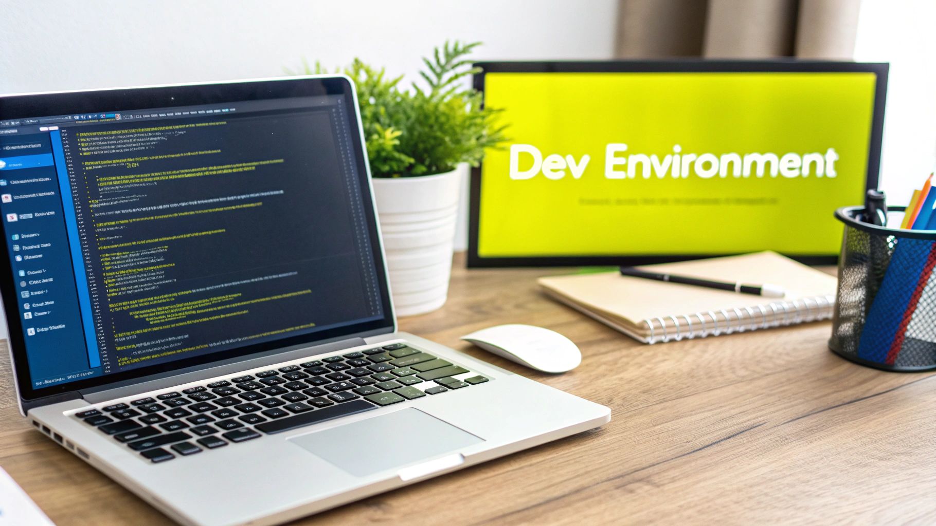 A developer's workspace with multiple screens, keyboard, and mouse.