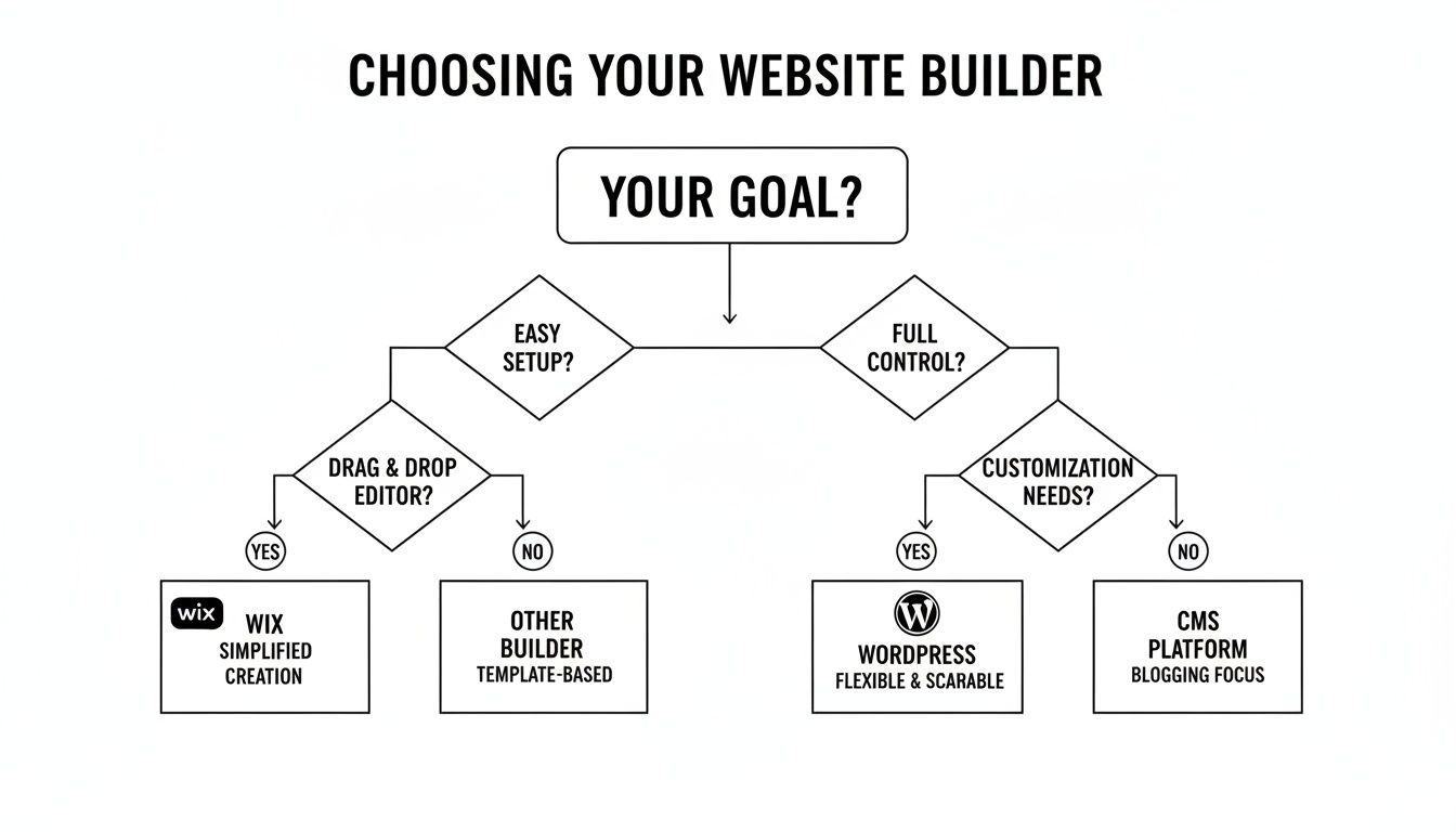 Flowchart guiding the choice of a website builder based on ease of setup, control, and customization.