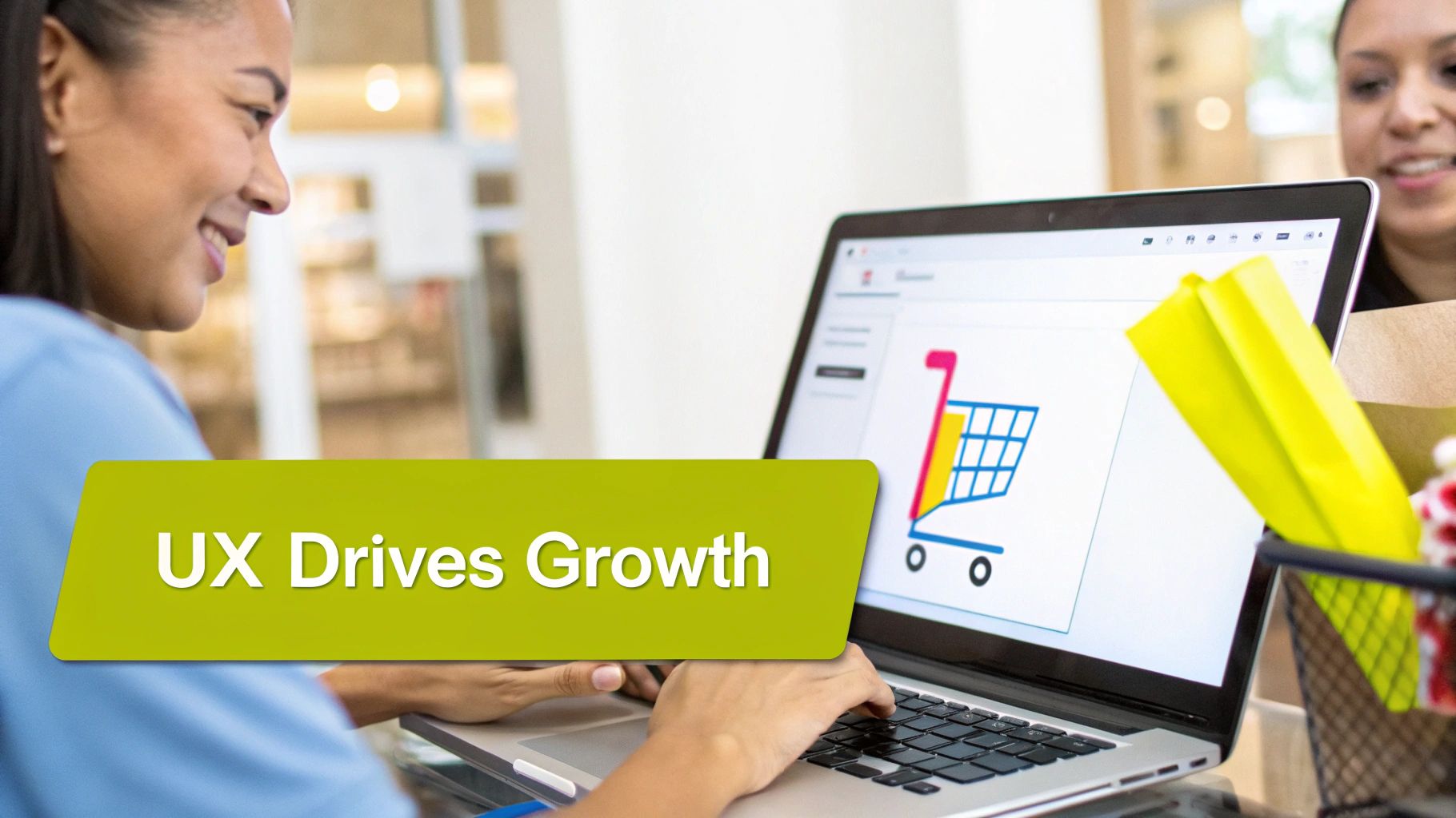 An illustration showing a rising graph with icons for customer loyalty, sales, and positive reviews, symbolizing business growth driven by UX design.