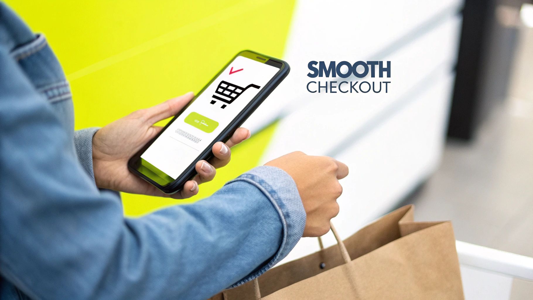 A streamlined Shopify checkout page on a mobile phone, showing clear steps and trust badges.