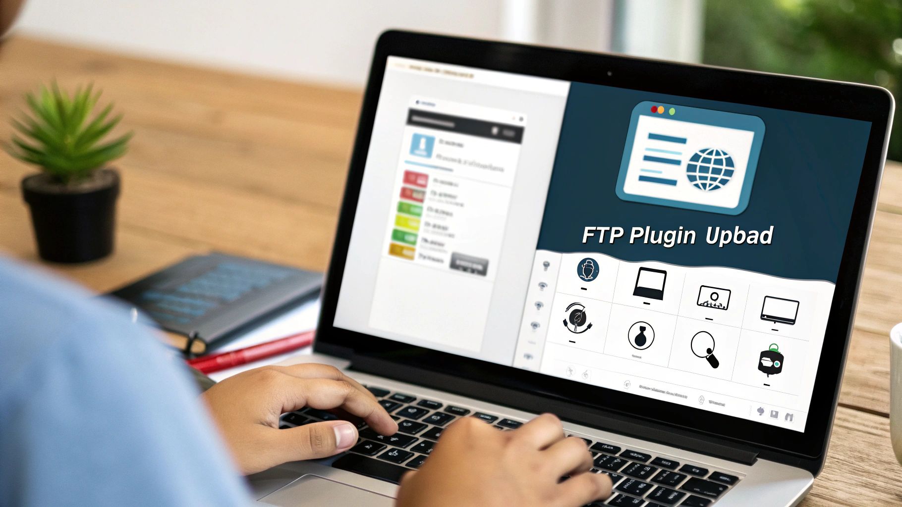 A developer using a computer with code on the screen, representing the manual FTP plugin installation process.
