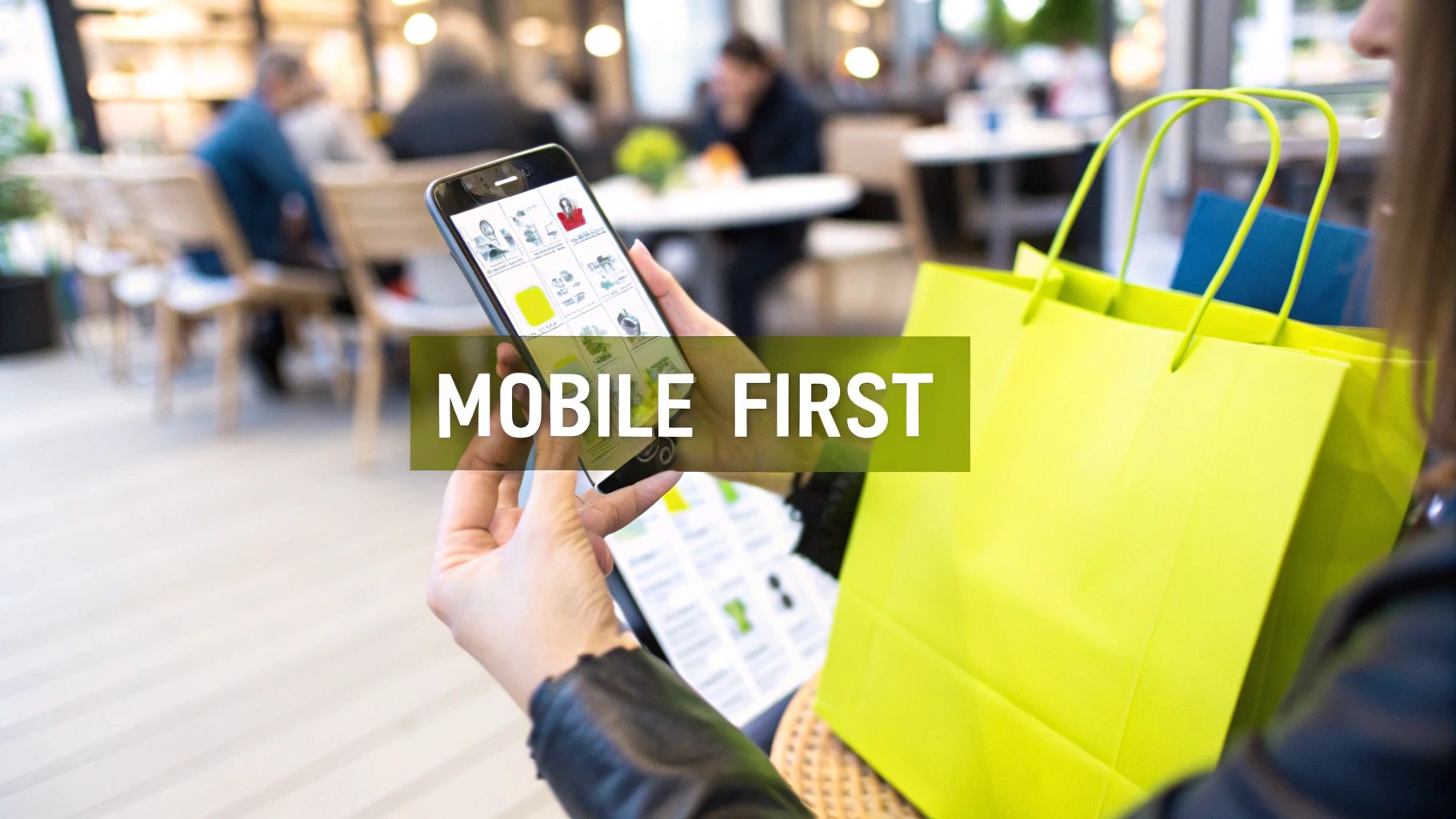 A person's hand holding a smartphone displaying a Shopify store interface, with a shopping cart icon highlighted.