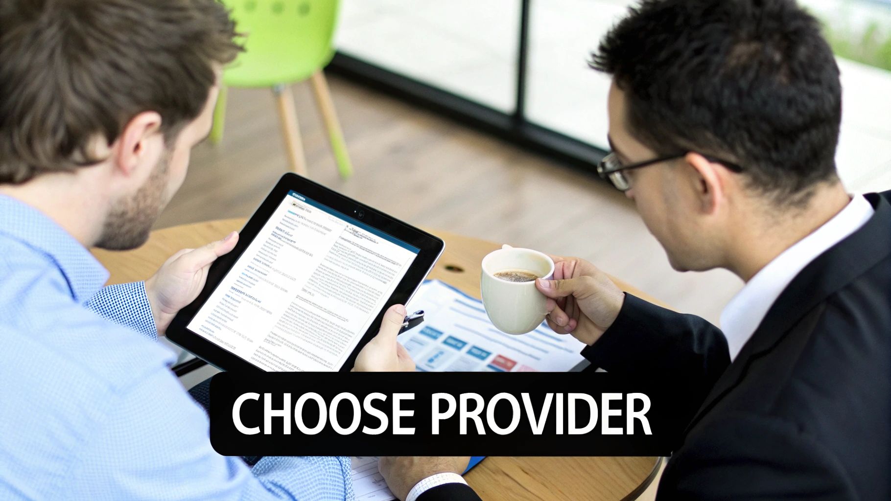 Two men reviewing options on a tablet with 'CHOOSE PROVIDER' overlay, one holding coffee.
