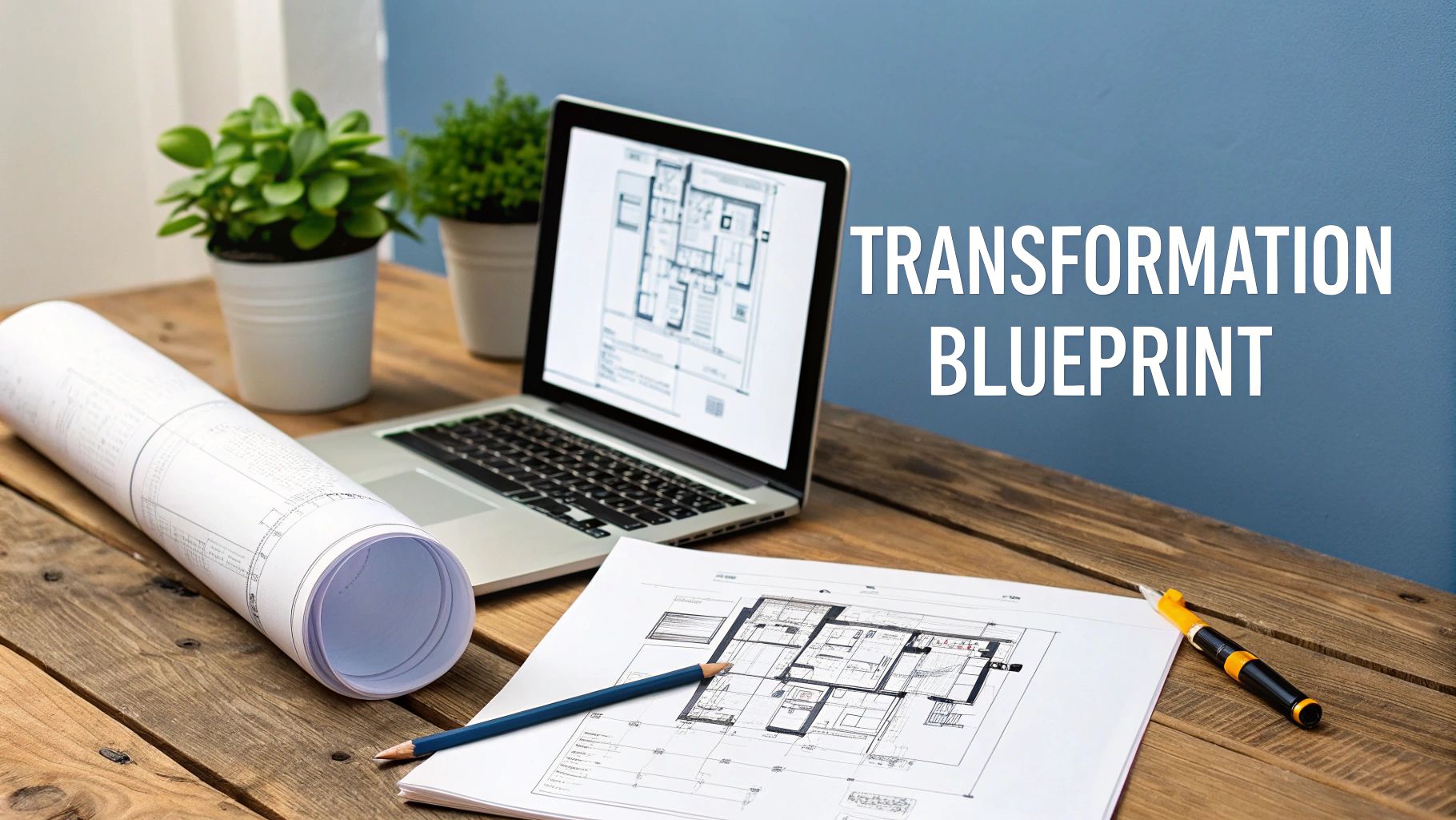 A wooden desk features a laptop displaying a blueprint, rolled plans, a paper blueprint, and potted plants, with the text 'TRANSFORMATION BLUEPRINT'.