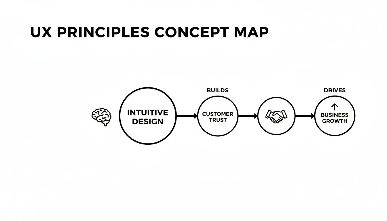A UX principles concept map showing intuitive design leads to customer trust and business growth.
