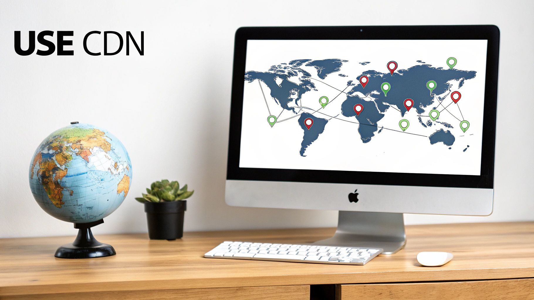 A desk with an iMac displaying a world map network, a globe, and text 'USE CDN' on the wall.