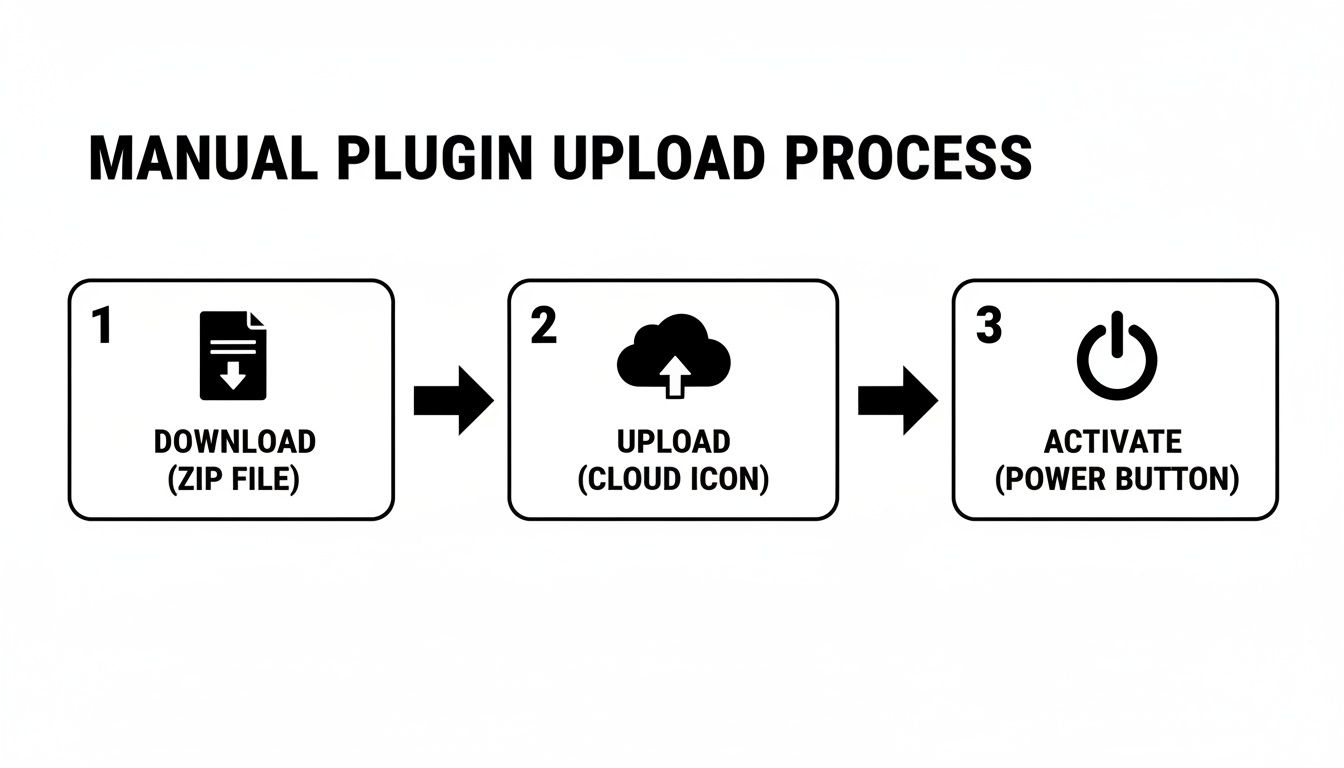 Flowchart showing three steps for manual plugin upload: download, upload, and activate.