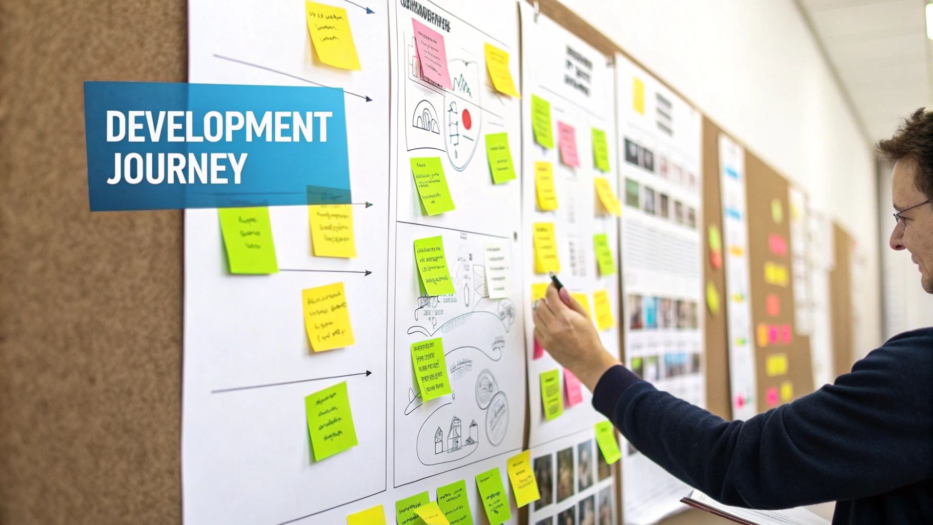 A team of developers and designers collaborating around a table, mapping out the user journey for a custom ecommerce website.