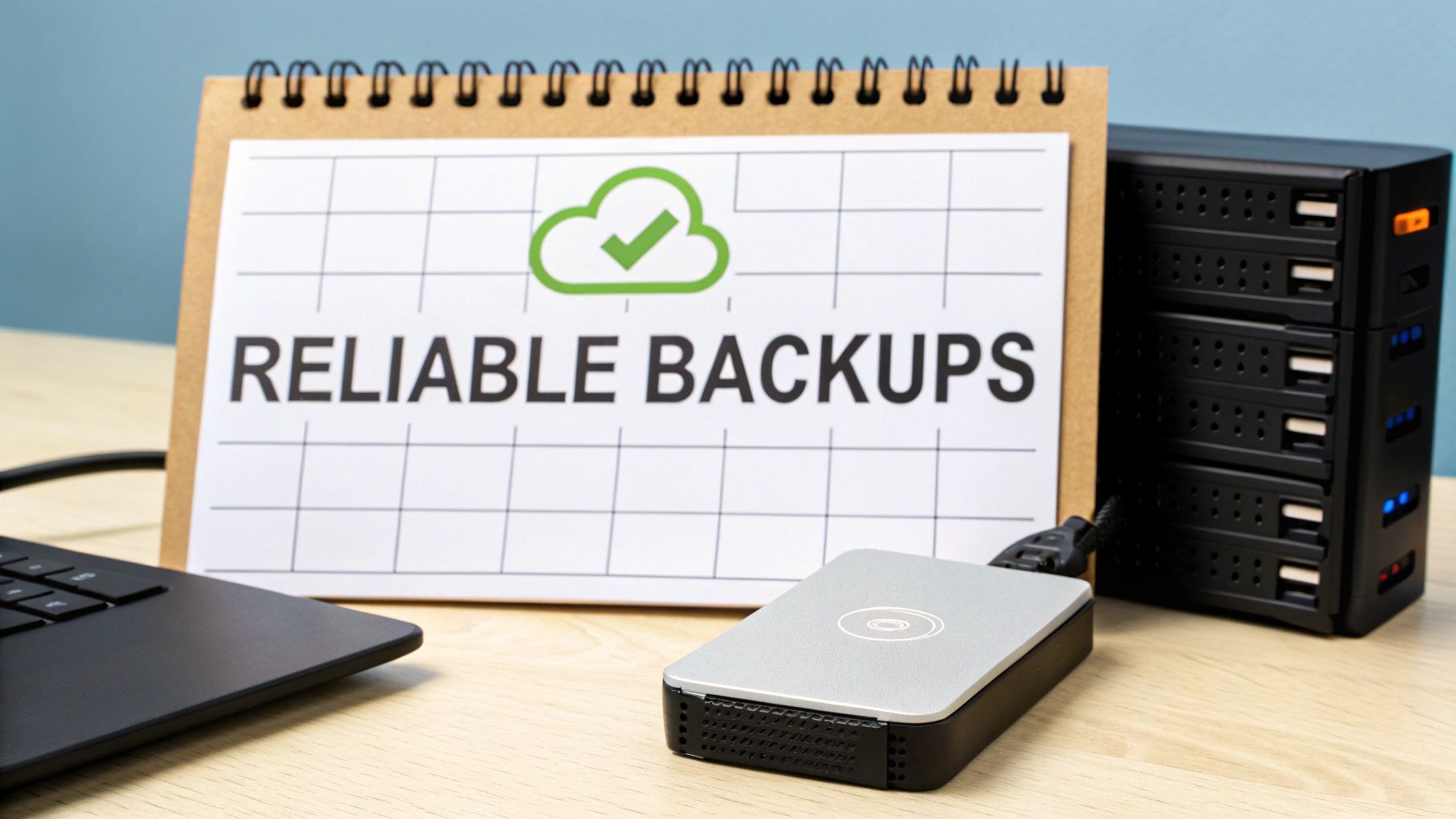Desk calendar with 'Reliable Backups' text and cloud icon, next to external hard drives and a laptop.