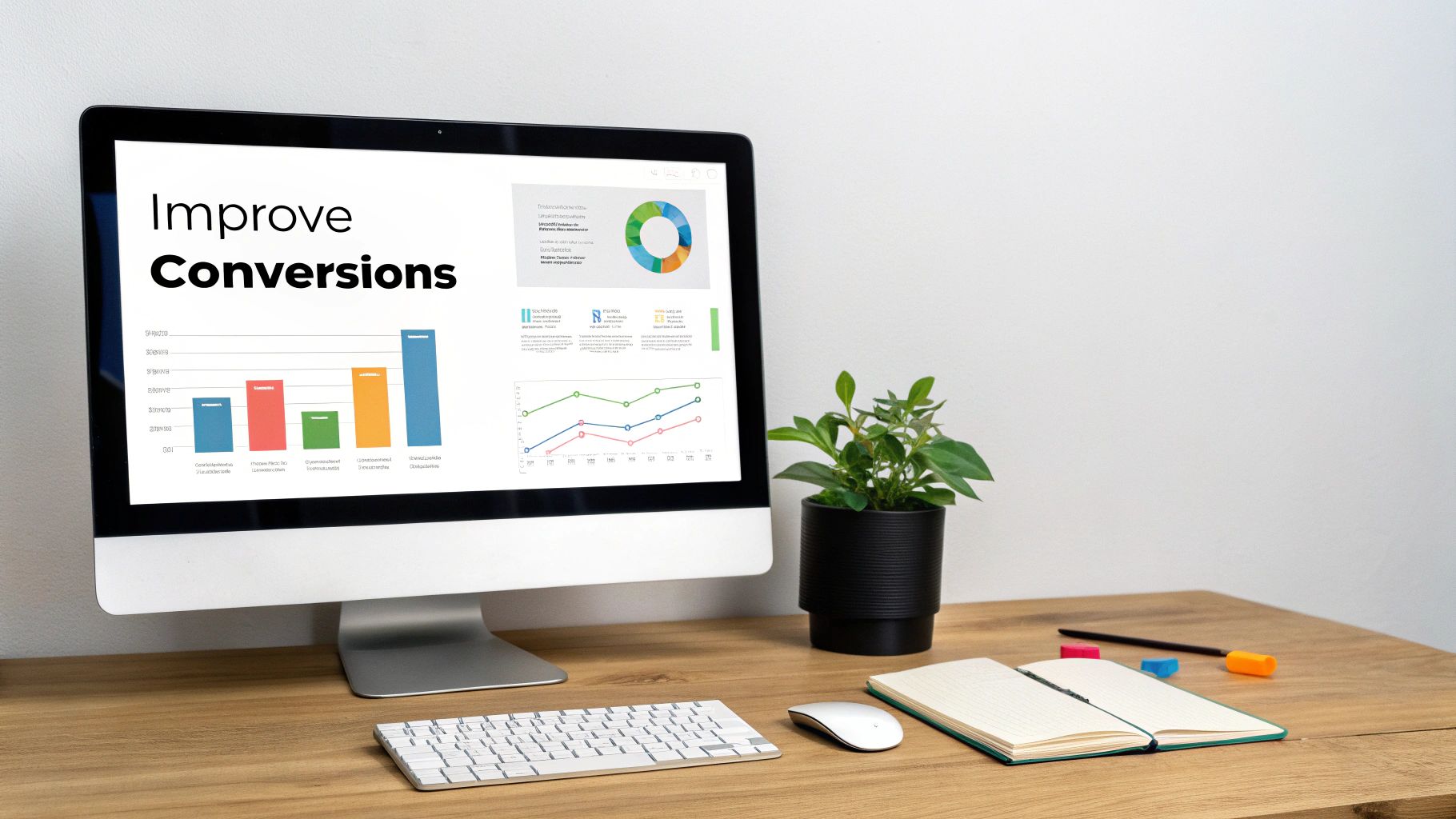A modern workspace with a computer displaying 'Improve Conversions' and business data charts.