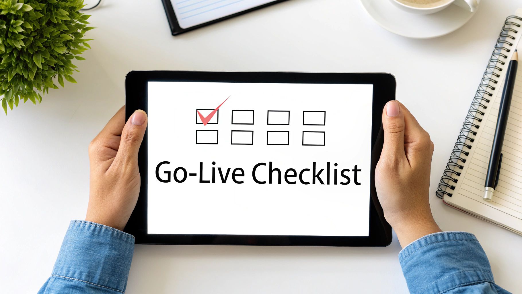 Person holding a tablet displaying a 'Go-Live Checklist' with a checked box on a white desk.