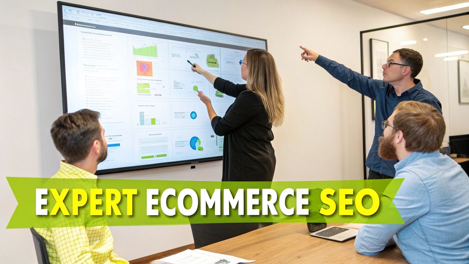A team of professionals collaborating around a desk with charts and graphs, representing a strategic ecommerce SEO agency.