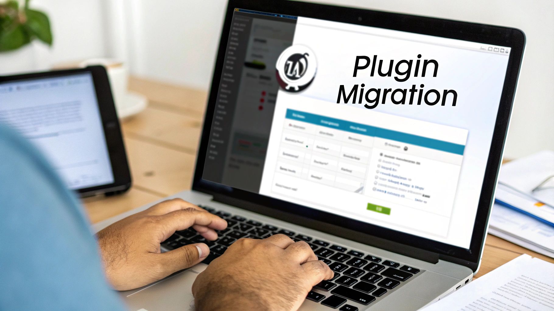 A person's hands typing on a laptop displaying a WordPress plugin migration screen.