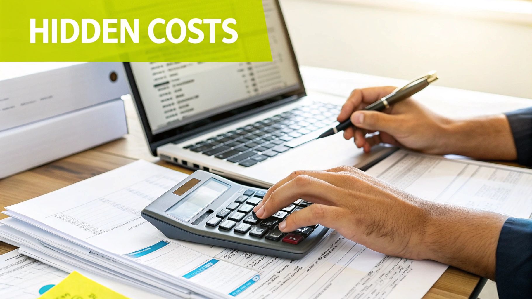 A graphic showing a person analyzing charts and graphs, representing business costs.