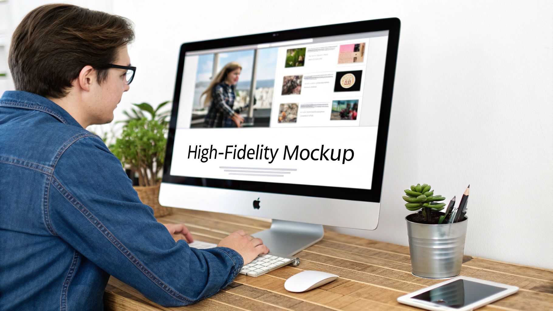 A man in a denim shirt works on an iMac computer displaying a 'High-Fidelity Mockup' on a wooden desk.
