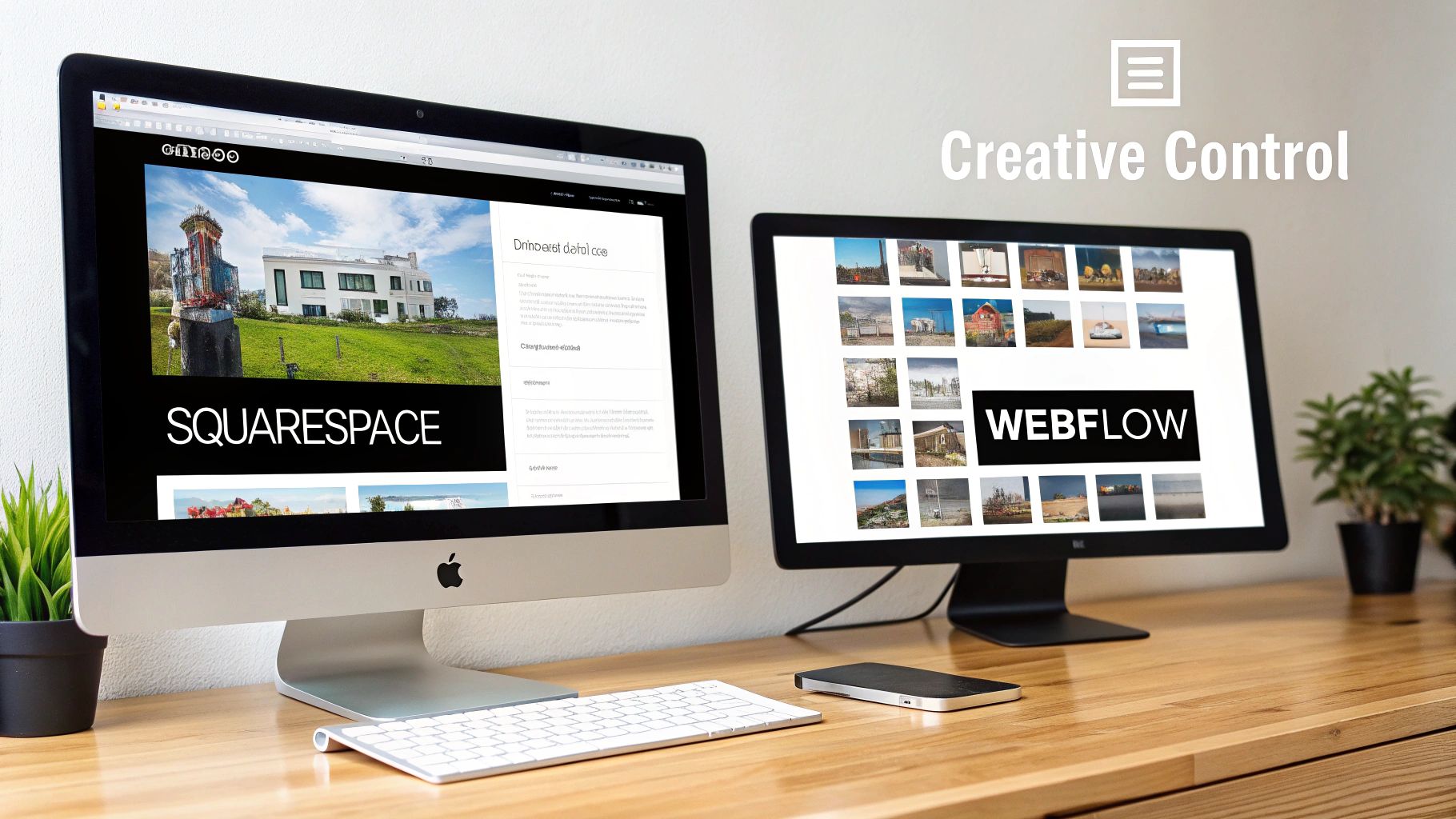 Dos computadoras de escritorio sobre un escritorio de madera, una muestra un sitio web de Squarespace y la otra un sitio web de Webflow.