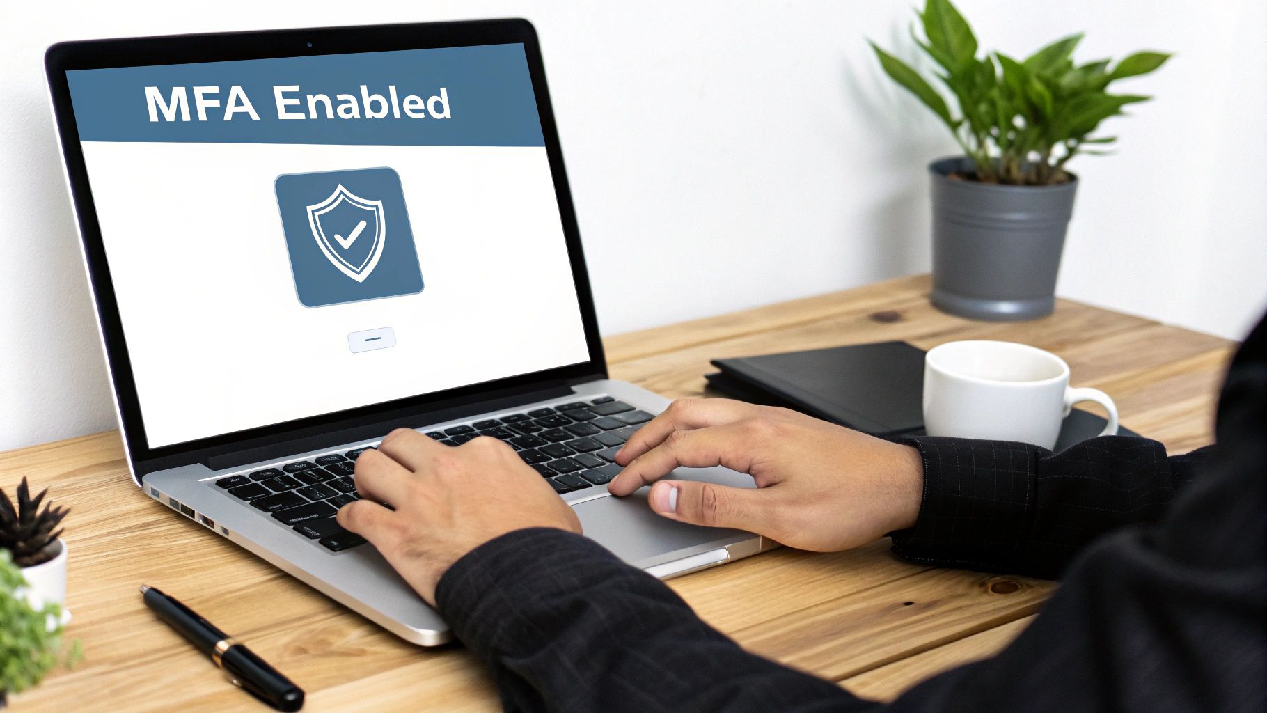 A person's hands typing on a laptop screen displaying 'MFA Enabled' with a security shield icon.