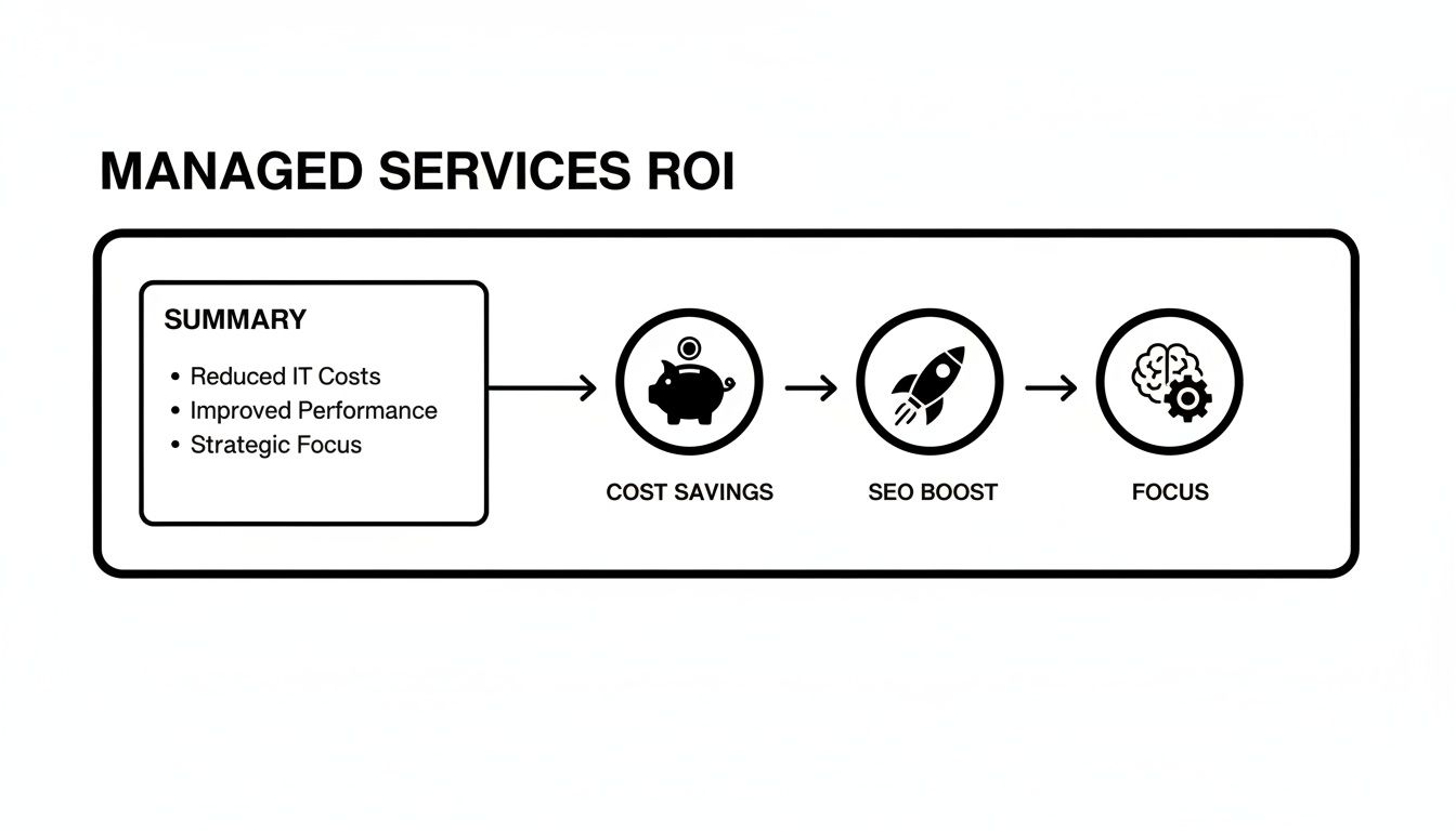 Diagrama de ROI de servicios administrados que muestra los beneficios: reducción de costos de TI, mejora del rendimiento, impulso de SEO y enfoque estratégico.