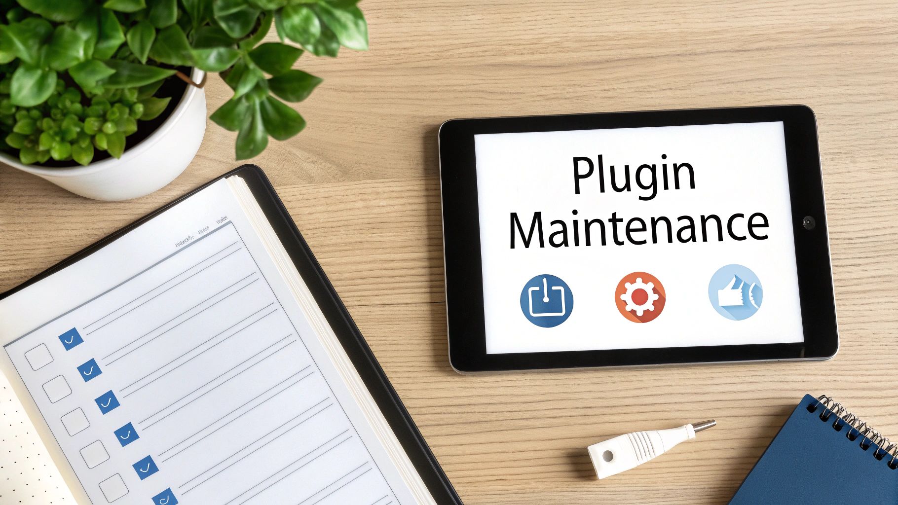 Flat lay showing a tablet displaying 'Plugin Maintenance' with icons, a checklist notebook, and a plant.