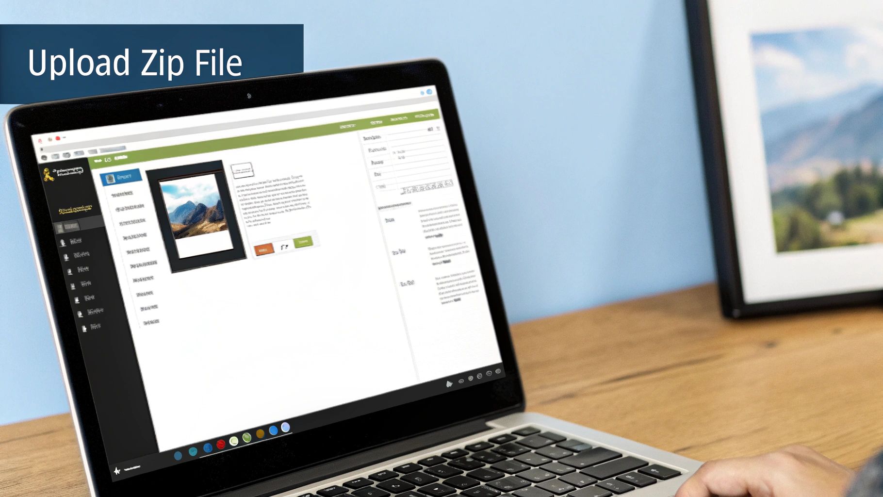 A user uploading a ZIP file to a cloud interface on a laptop, symbolizing the plugin upload process.