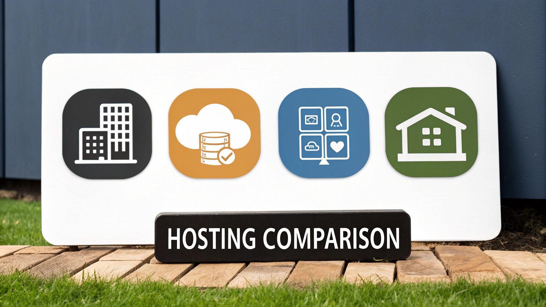 A visual comparison of different hosting types, symbolized by various housing styles from apartments to a modern, flexible city.