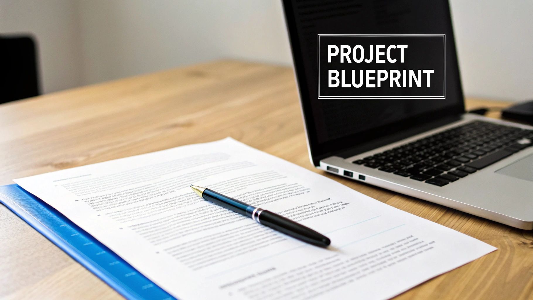 A laptop displaying 'PROJECT BLUEPRINT' on screen, next to a pen resting on project documents.