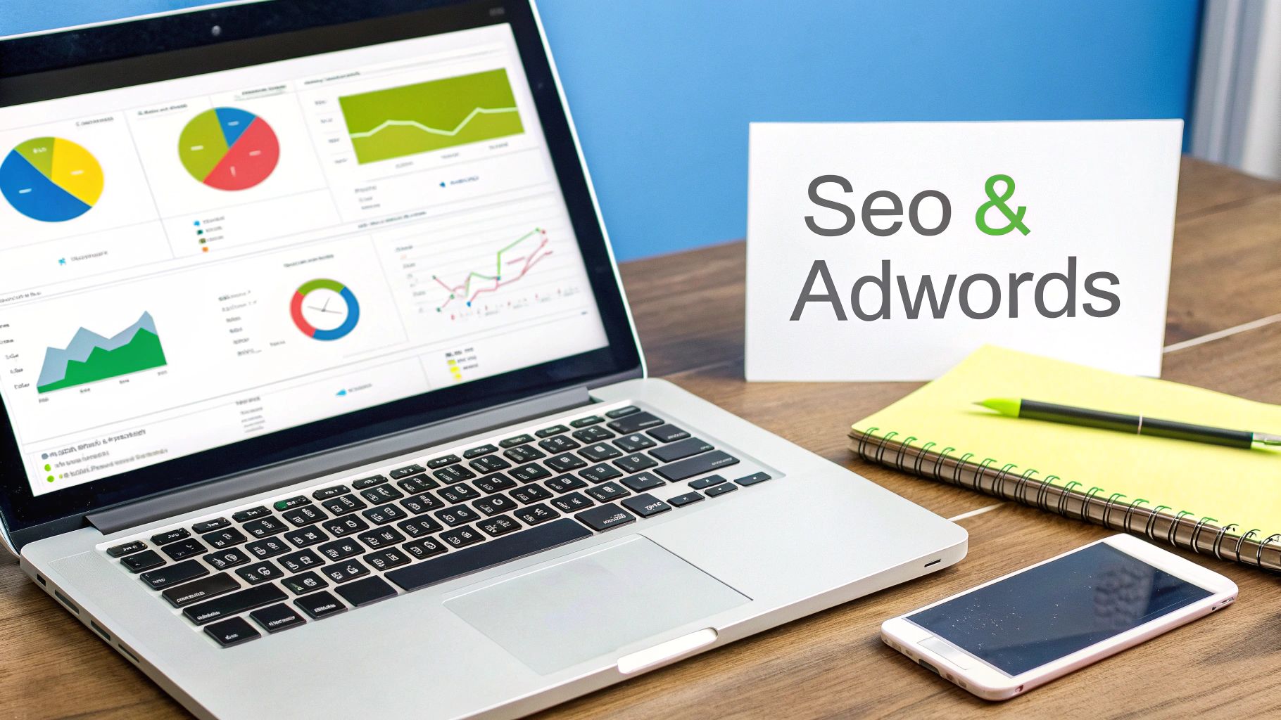 A digital marketing strategy board showing SEO and AdWords elements connected.