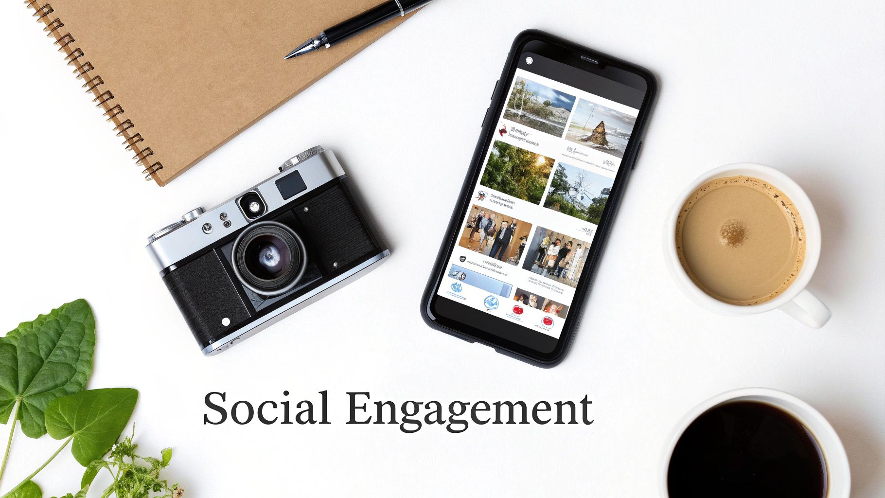 Flat lay of a camera, smartphone with social media, notebook, pen, coffee, and 'Social Engagement' text.