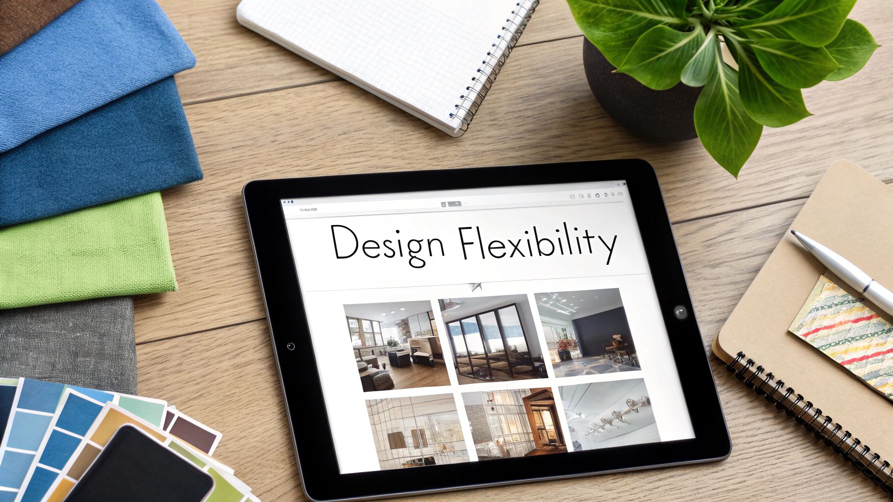 Overhead shot of an interior designer's workspace with a tablet displaying 'Design Flexibility,' fabric swatches, and color palettes.