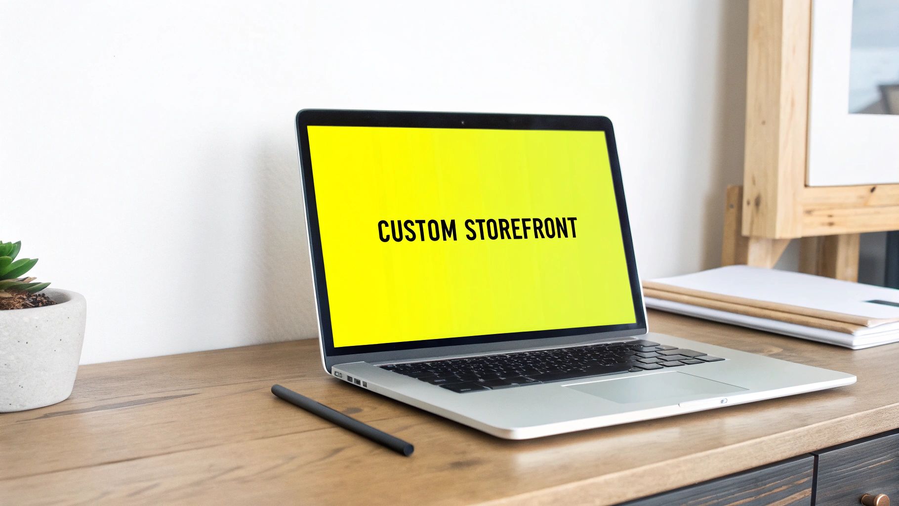 A designer and developer collaborating on a custom ecommerce website layout on a computer screen.