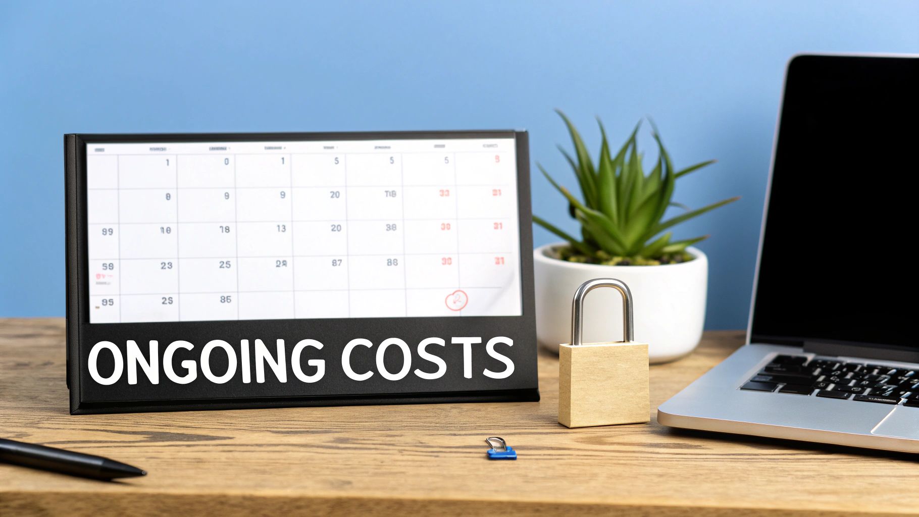 A calendar titled 'ONGOING COSTS' on a desk with a padlock, plant, and laptop.