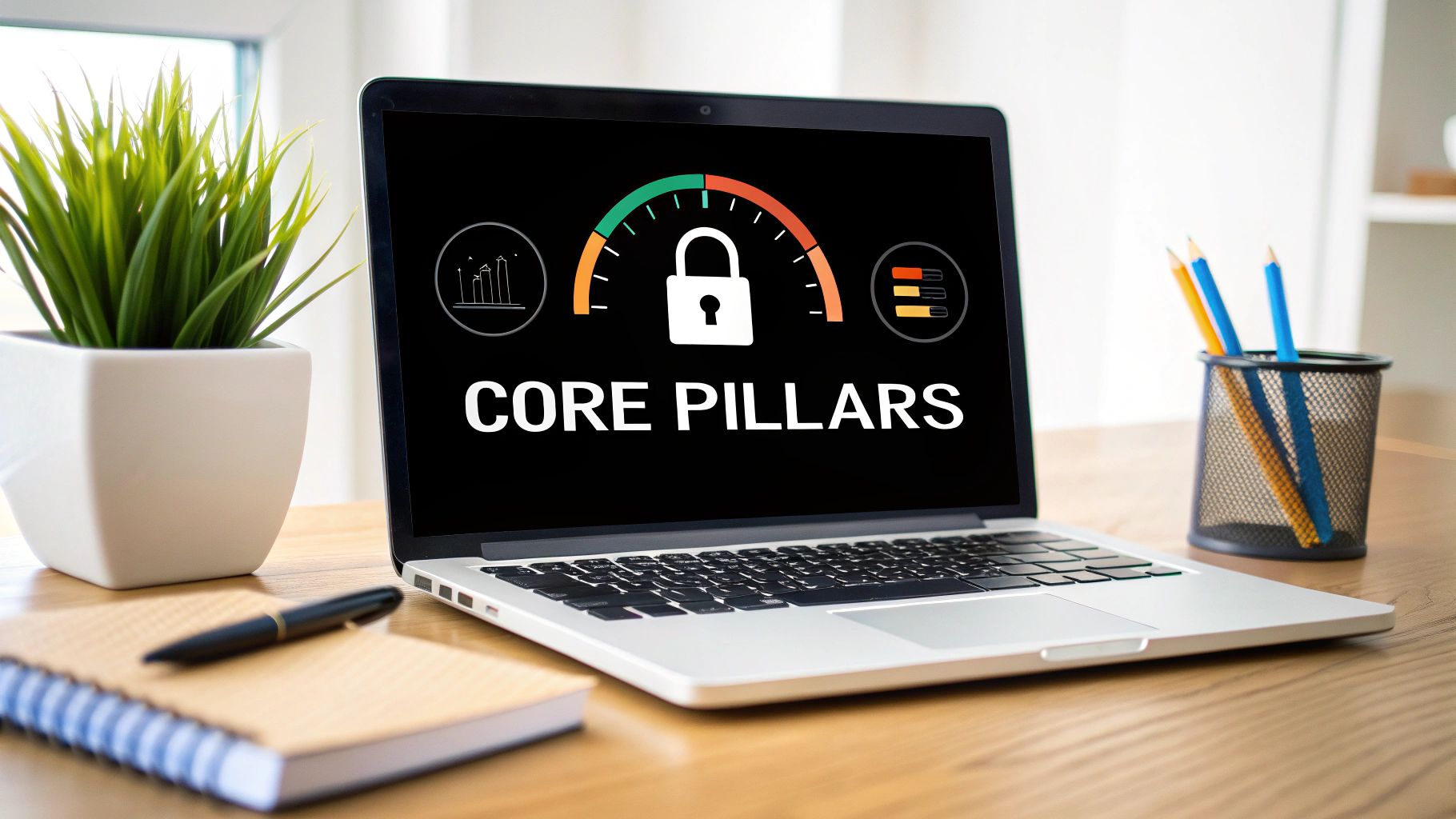 Una computadora portátil que muestra 'PILARES CENTRALES' con un ícono de candado de seguridad y un indicador sobre un escritorio, al lado de una planta y suministros de oficina.