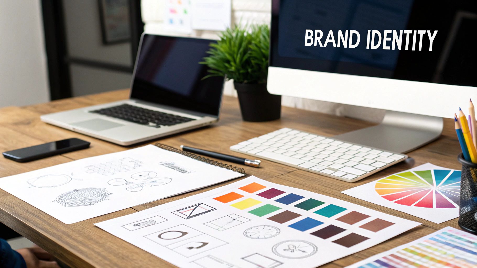 A mood board showing different brand identity elements like colors, fonts, and logos.