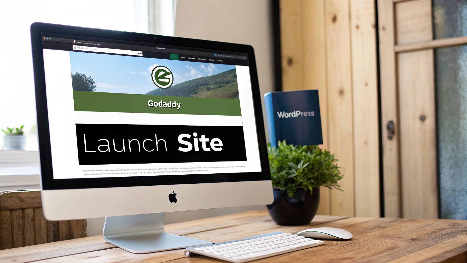 WordPress and GoDaddy logos with a checkmark indicating their partnership