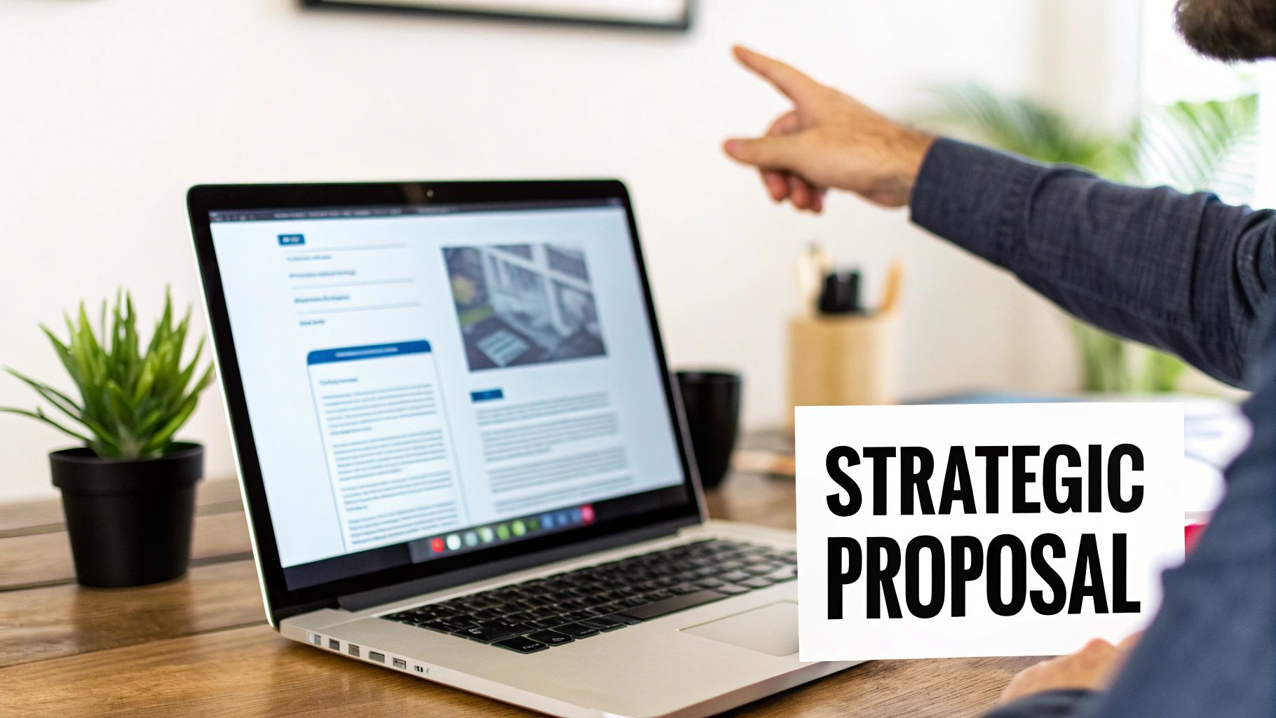 A professional drafting a website design proposal on a laptop, with charts and graphs in the background.