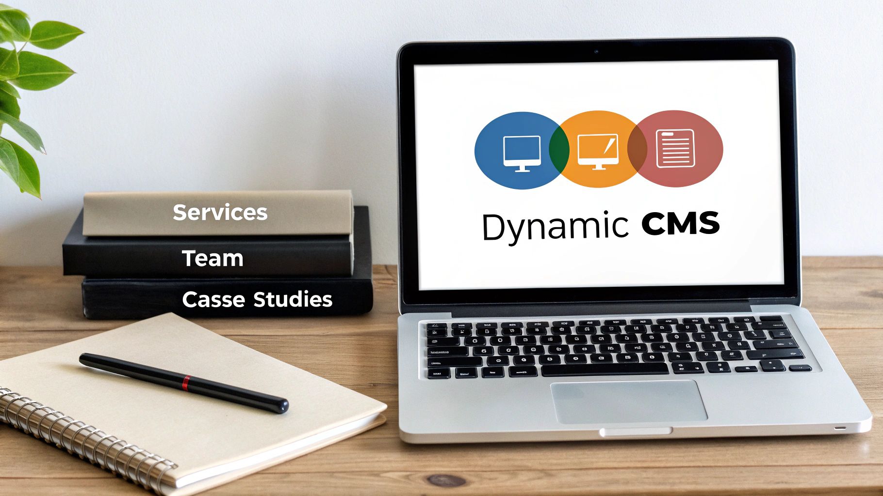Computadora portátil con 'CMS dinámico' e íconos, junto a libros de negocios titulados 'Servicios', 'Equipo' y 'Estudios de Casse'.