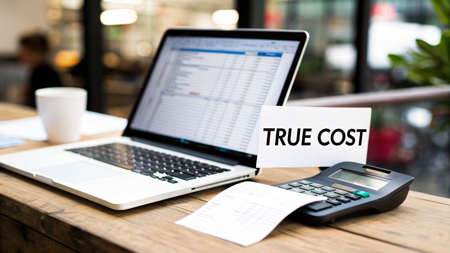 Laptop displaying a spreadsheet, calculator with a receipt, and 'TRUE COST' note on a wooden desk.
