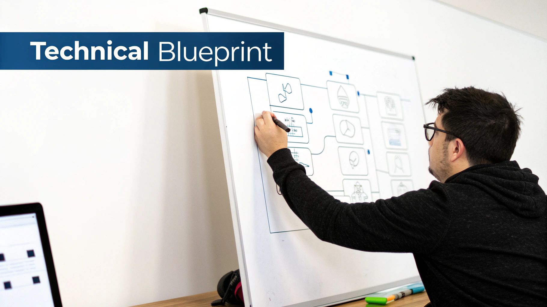 Professional developer drawing technical blueprint and system architecture diagram on whiteboard for technology planning