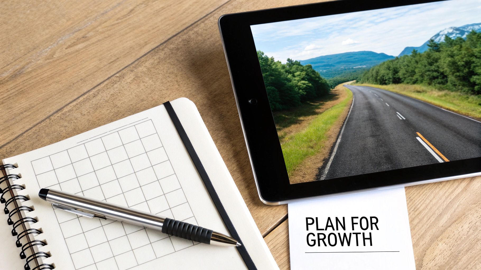 A flat lay of a notebook, pen, tablet displaying a road, and a 'PLAN FOR GROWTH' note on a wooden desk.
