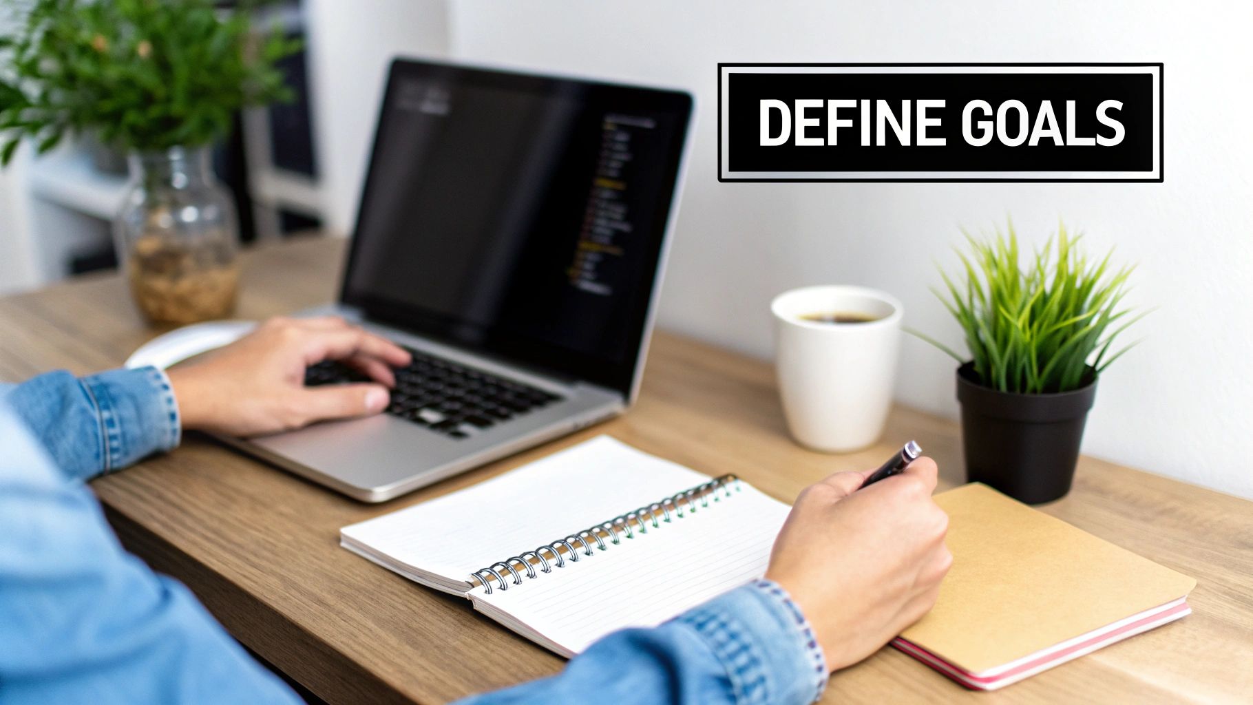 A person typing on a laptop and holding a pen, with 'DEFINE GOALS' text overlay.